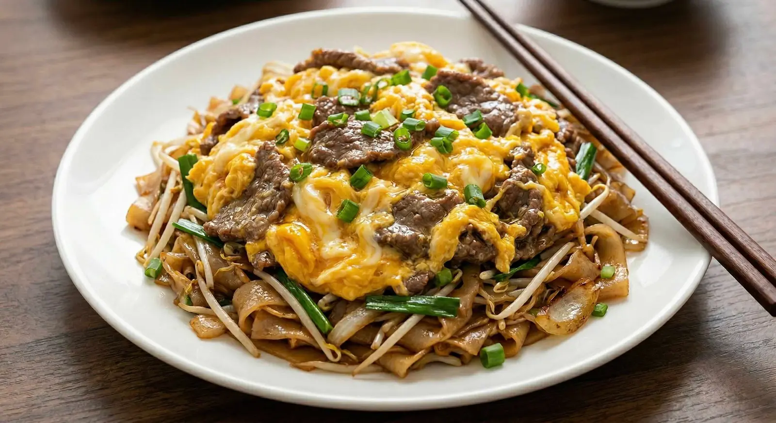 Stir Fried Flat Rice Noodle w/ Beef & Scrambled Egg / Nouilles de riz plates au bœuf et œufs brouillés