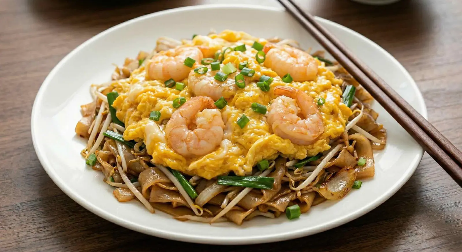 Stir Fried Flat Rice Noodle w/ Shrimps & Scrambled Egg / Nouilles de riz plates aux crevettes et œufs brouillés